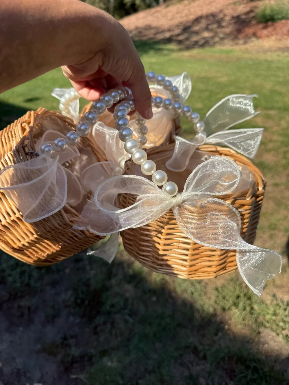Kids Wicker Basket Purse with Pearl Handle and Cream Bow